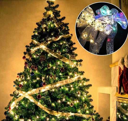 Decorated Christmas tree with lights and a close-up of decorative bows.