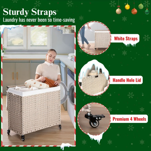 160L Laundry Hamper with Lid – PE Rattan Wicker, Removable Bags & Wheels, Gray