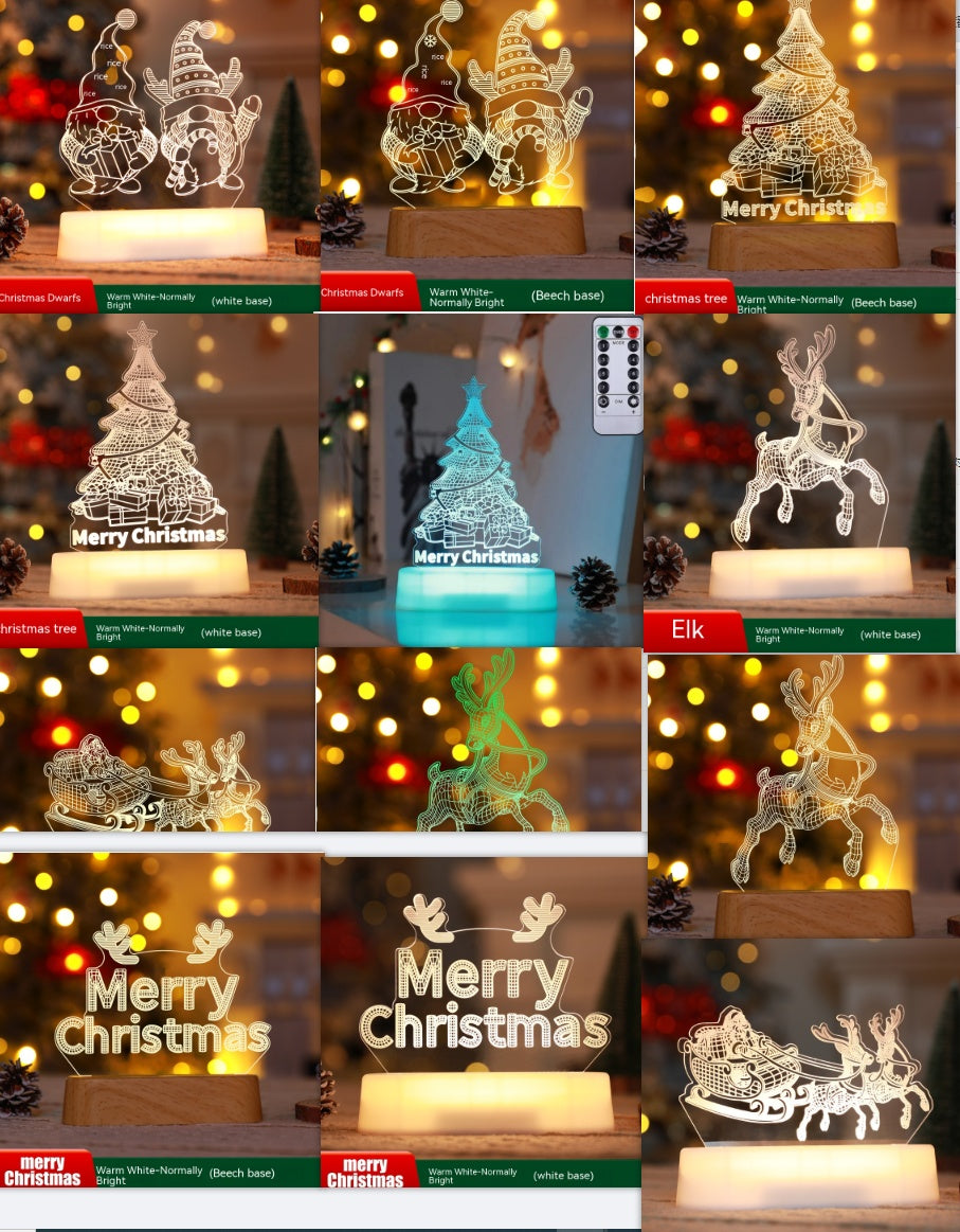 Collage of Christmas-themed LED night lights with various designs on a blurred background.