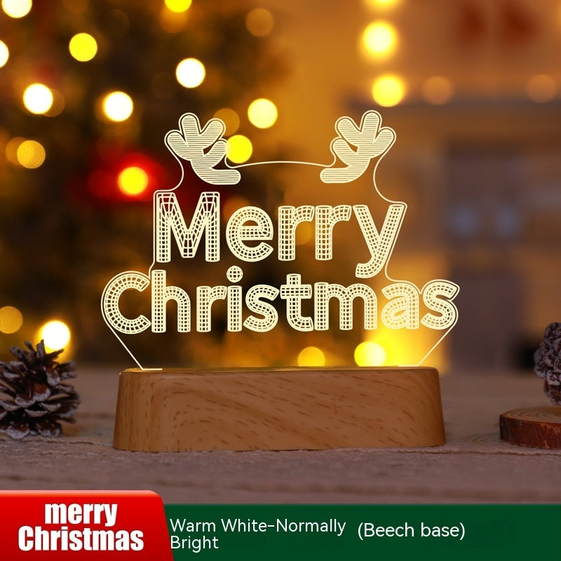 Merry Christmas LED sign with wooden base on a festive background
