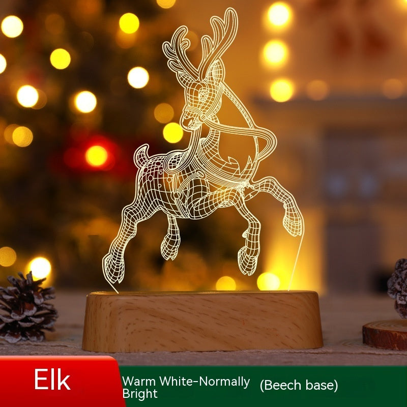 Elk-shaped night light on a wooden base with blurred lights in the background