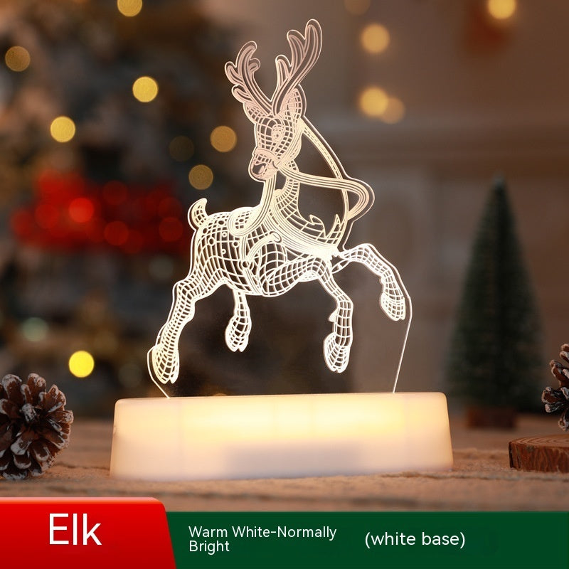 Decorative elk lamp with a warm white light on a wooden base, Christmas tree and decorations in the background.