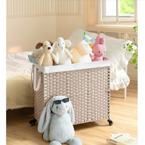 160L Laundry Hamper with Lid – PE Rattan Wicker, Removable Bags & Wheels, Gray