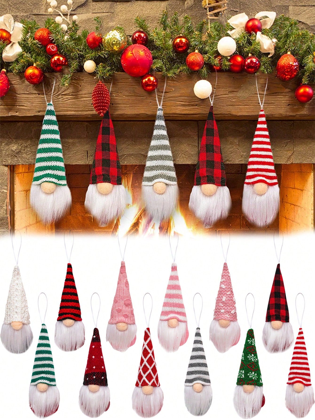 Decorative Christmas gnomes hanging on a wooden mantel with festive decorations.
