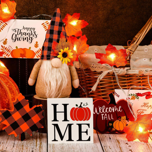 Fall Gnome Tiered Tray Décor Set – Autumn Pumpkin, Maple Leaf Lights & Thanksgiving Accents