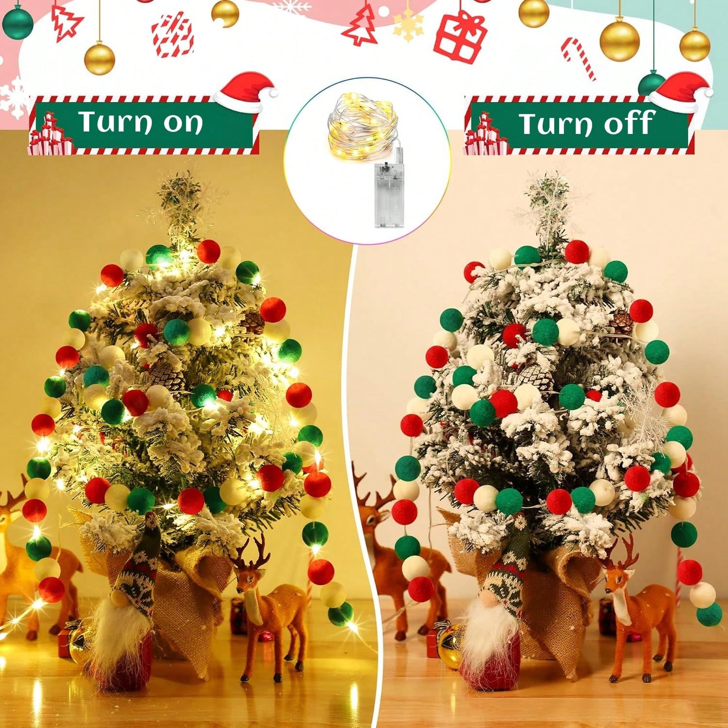 100PCS Christmas Pom Poms with Battery String Lights – Red, Green & White DIY Holiday Décor