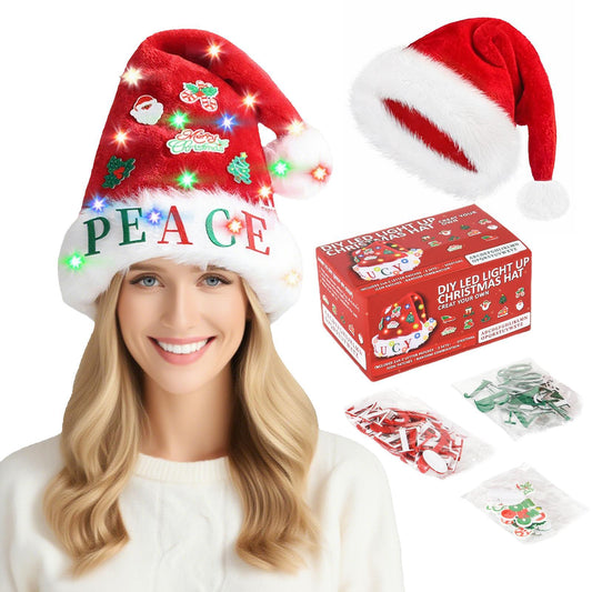 Light-up Christmas hat with 'PEACE' text, packaging, and components on a white background