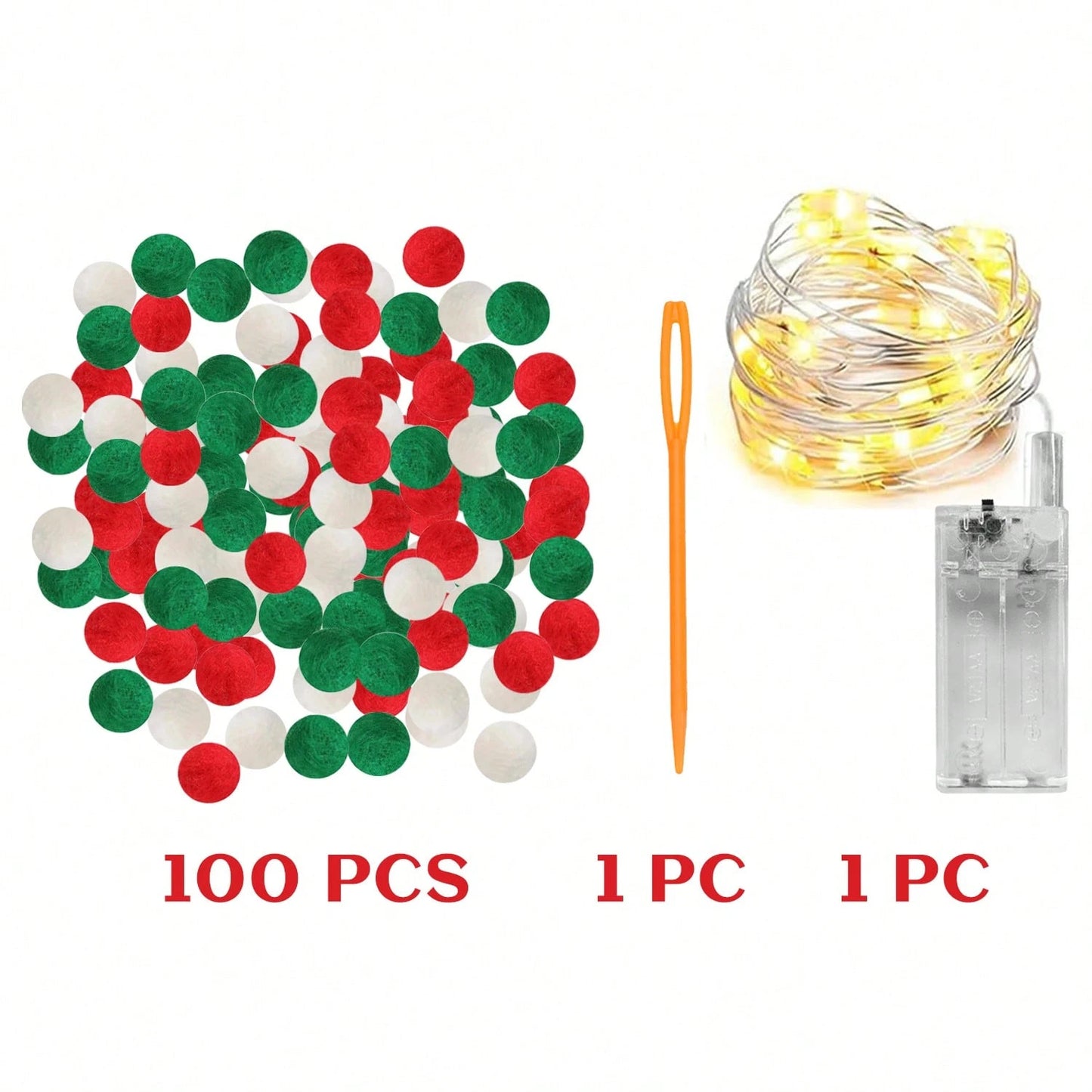 100PCS Christmas Pom Poms with Battery String Lights – Red, Green & White DIY Holiday Décor