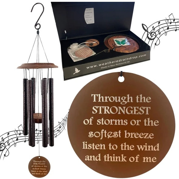 34-Inch Memorial Wind Chime – “Through the Strongest of Storms” Black Outdoor Garden Gift