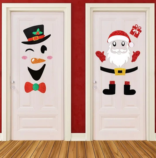 Christmas Door Stickers – Self-Adhesive Snowman & Santa Claus Felt Decals for Holiday Déco