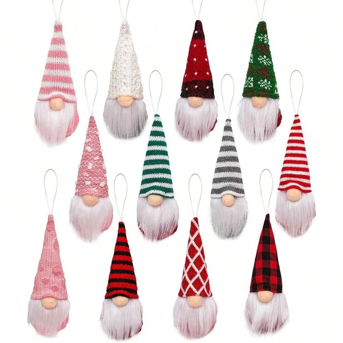 Set of colorful gnome ornaments with various hats on a white background