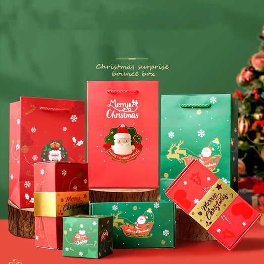 Collection of Christmas-themed gift boxes with Santa Claus design on a green background.