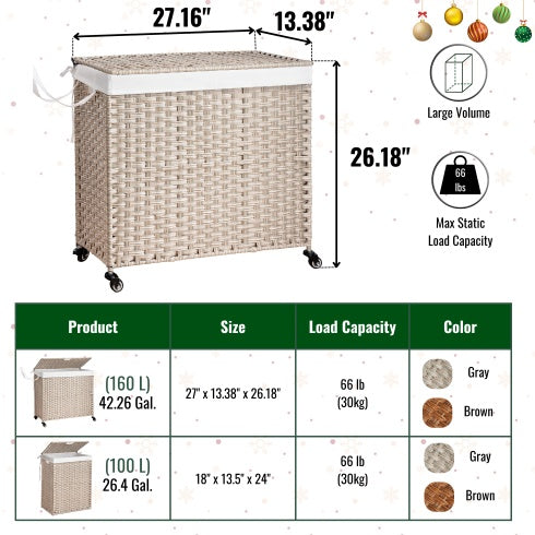 160L Laundry Hamper with Lid – PE Rattan Wicker, Removable Bags & Wheels, Gray
